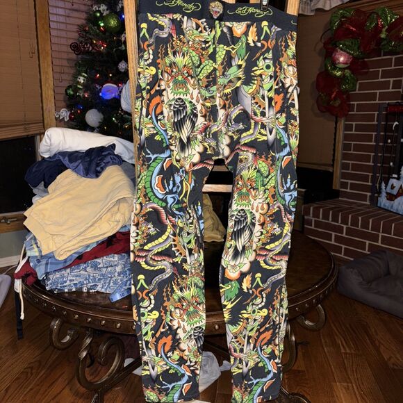 VTG ED HARDY MENS XL 40-42 FLASHBOARD JOGGER TRACKPANT PAJAMA PANT DRAGON PRINT